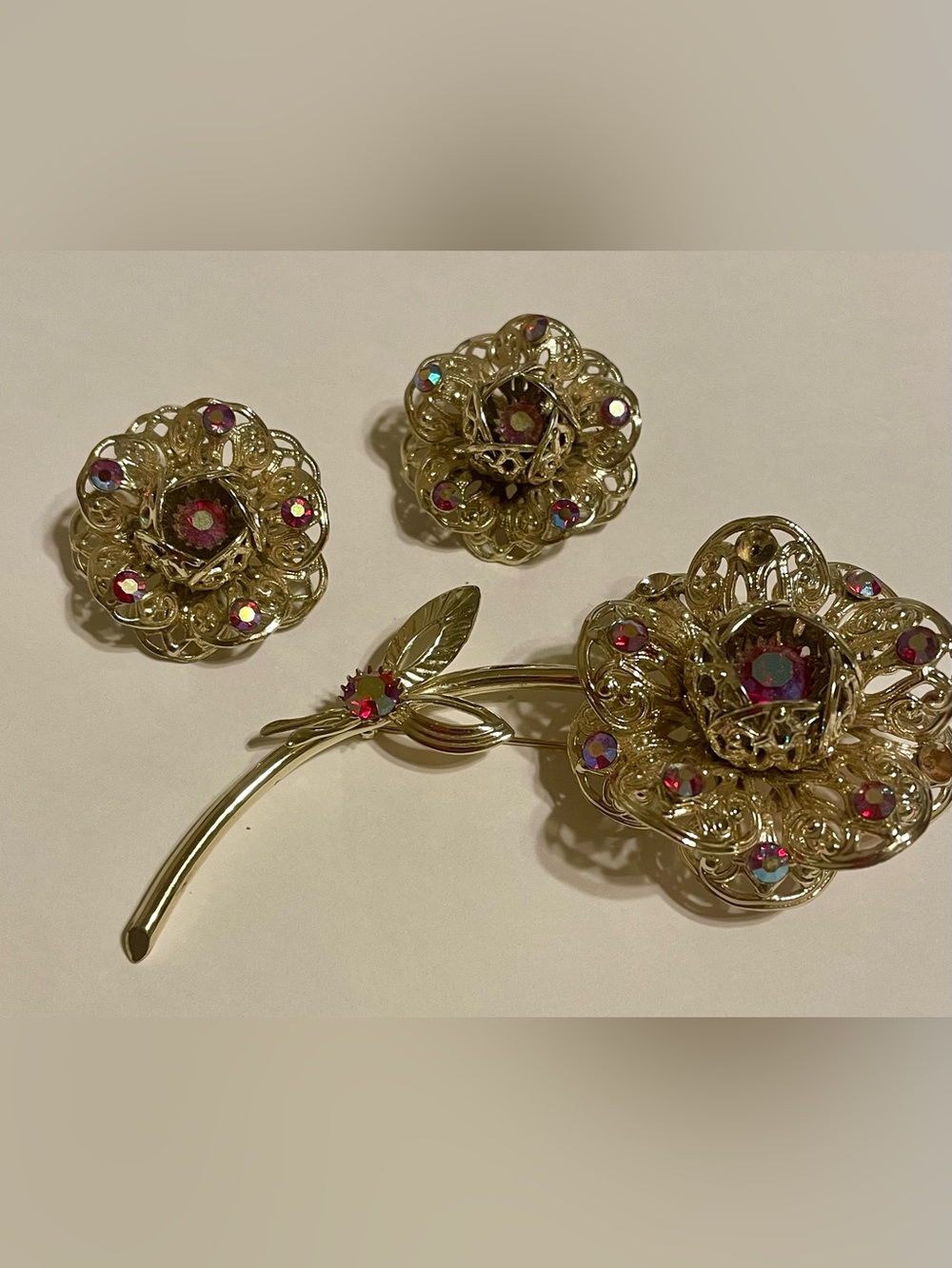 Vintage Gold Tone Brooch and Earrings Set with Pink Aurora Borealis Rhinestones